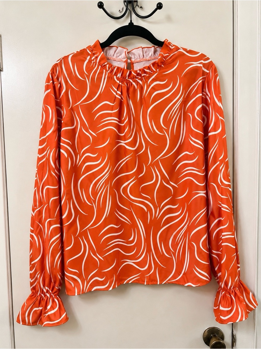 Orange & White Ruffle Neck Long Sleeve Blouse | Size XL